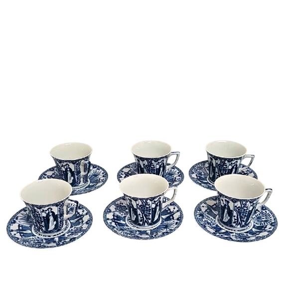 Vintage Blue and White Oriental Teacup and Saucer Set "Long Eliza" China (12 pc) - Picture 1 of 9